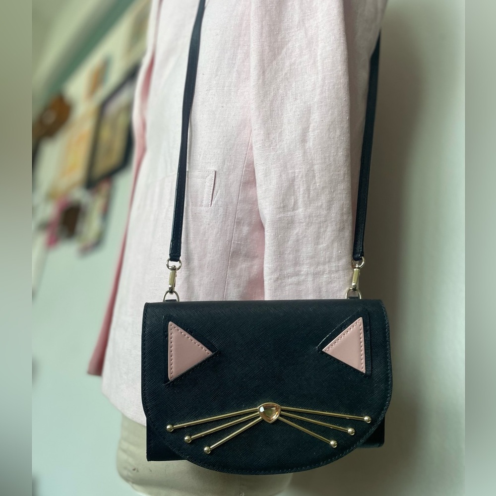 Kate Spade Black and Pink Cat Design Crossbody Bag